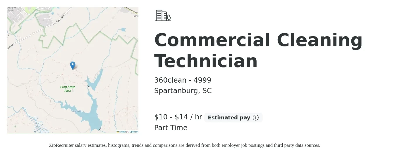 360clean - 4999 job posting for a Commercial Cleaning Technician in Spartanburg, SC with a salary of $11 to $15 Hourly with a map of Spartanburg location.
