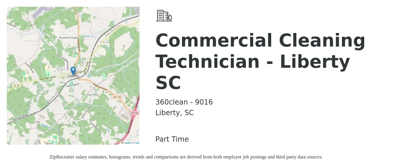 360clean - 9016 job posting for a Commercial Cleaning Technician - Liberty SC in Liberty, SC with a salary of $17 to $24 Hourly with a map of Liberty location.