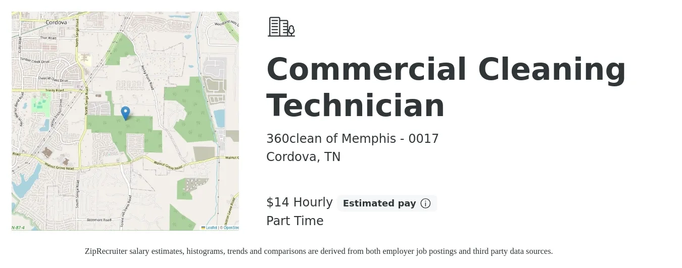 360clean of Memphis - 0017 job posting for a Commercial Cleaning Technician in Cordova, TN with a salary of $15 Hourly with a map of Cordova location.