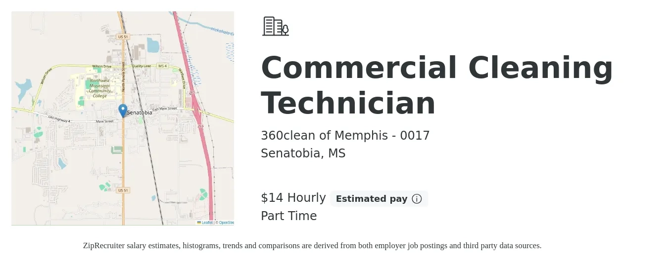 360clean of Memphis - 0017 job posting for a Commercial Cleaning Technician in Senatobia, MS with a salary of $15 Hourly with a map of Senatobia location.