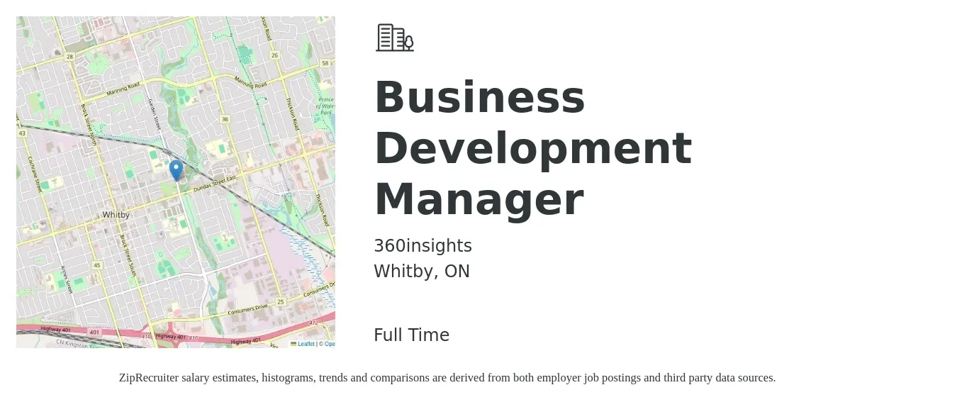 360insights job posting for a Business Development Manager in Whitby, ON with a salary of $55,000 Yearly with a map of Whitby location.