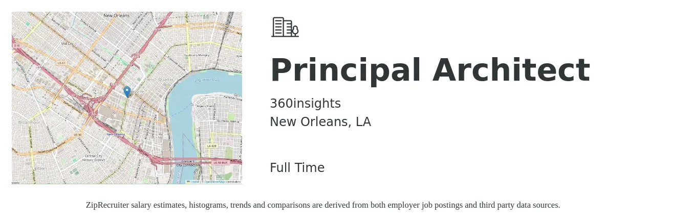 360insights job posting for a Principal Architect in New Orleans, LA with a salary of $137,800 to $184,800 Yearly with a map of New Orleans location.