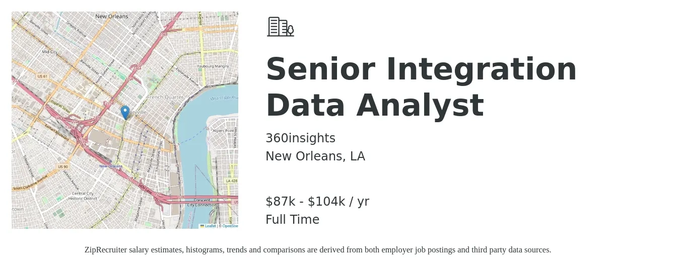 360insights job posting for a Senior Integration Data Analyst in New Orleans, LA with a salary of $81,700 to $103,100 Yearly with a map of New Orleans location.