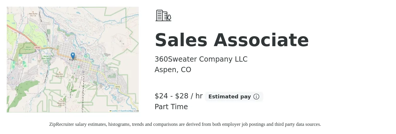 360Sweater Company LLC job posting for a Sales Associate in Aspen, CO with a salary of $25 to $30 Hourly with a map of Aspen location.