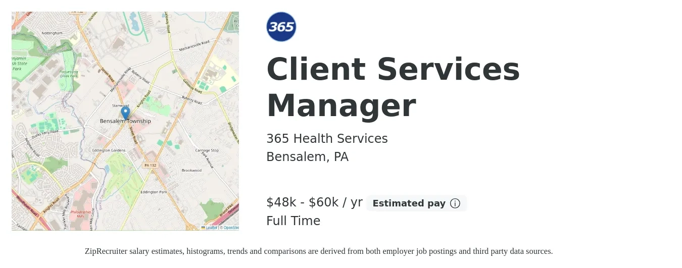 365 Health Services job posting for a Client Services Manager in Bensalem, PA with a salary of $48,000 to $60,000 Yearly with a map of Bensalem location.