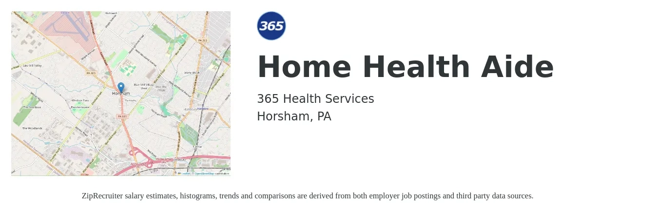 365 Health Services job posting for a Home Health Aide in Horsham, PA with a salary of $14 to $18 Hourly with a map of Horsham location.