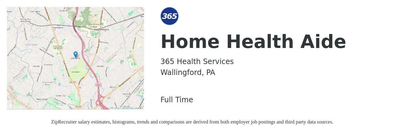 365 Health Services job posting for a Home Health Aide in Wallingford, PA with a salary of $11 to $14 Hourly with a map of Wallingford location.