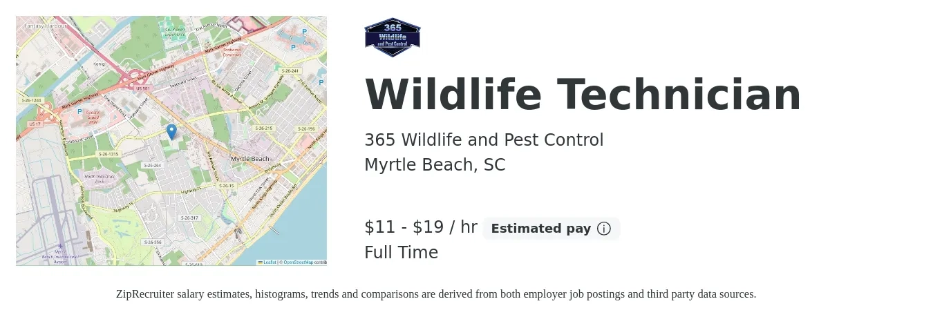 365 Wildlife and Pest Control job posting for a Wildlife Technician in Myrtle Beach, SC with a salary of $12 to $20 Hourly with a map of Myrtle Beach location.