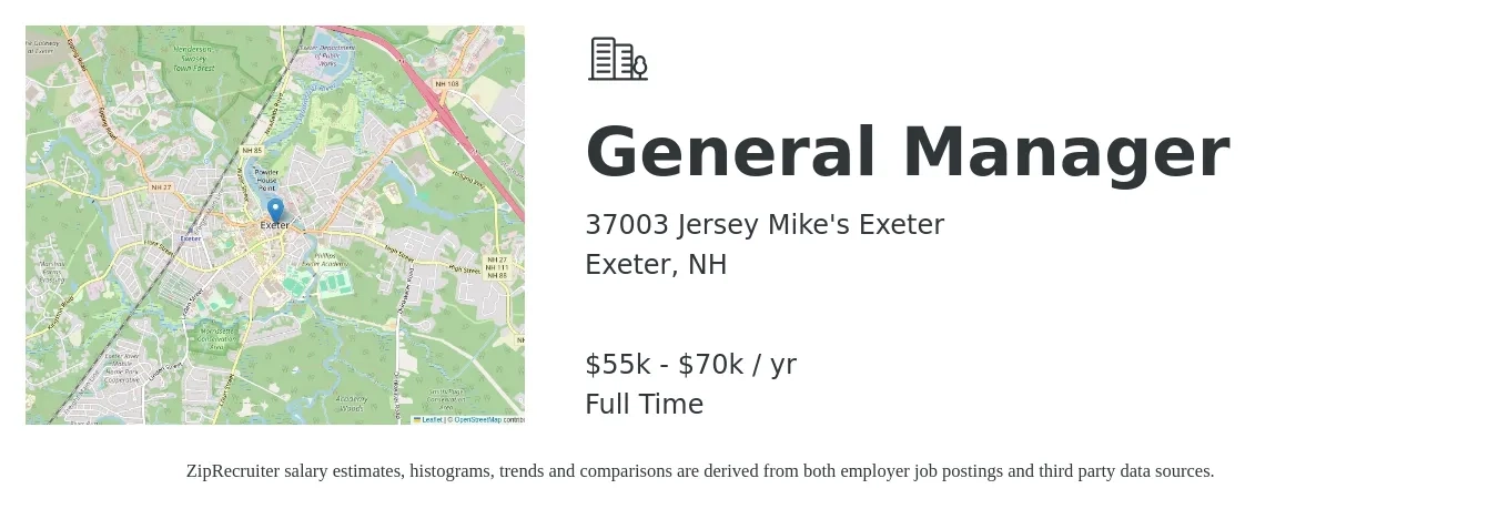 37003 Jersey Mike's Exeter job posting for a General Manager in Exeter, NH with a salary of $55,000 to $70,000 Yearly with a map of Exeter location.