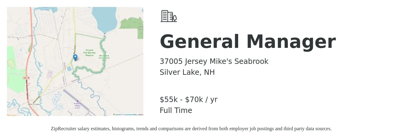 37005 Jersey Mike's Seabrook job posting for a General Manager in Silver Lake, NH with a salary of $55,000 to $70,000 Yearly with a map of Silver Lake location.