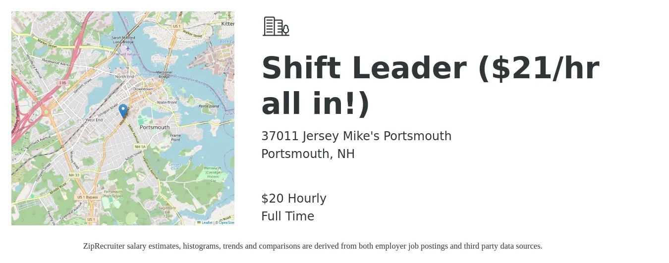 37011 Jersey Mike's Portsmouth job posting for a Shift Leader ($21/hr all in!) in Portsmouth, NH with a salary of $21 Hourly with a map of Portsmouth location.