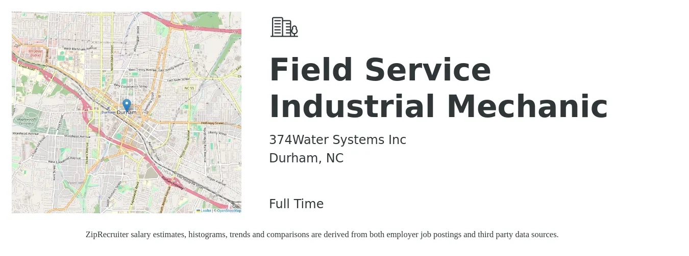374Water Systems Inc job posting for a Field Service Industrial Mechanic in Durham, NC with a salary of $24 to $33 Hourly with a map of Durham location.