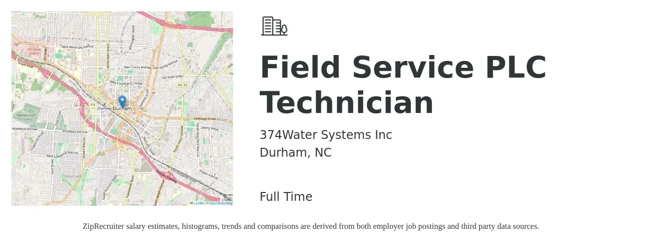 374Water Systems Inc job posting for a Field Service PLC Technician in Durham, NC with a salary of $19 to $29 Hourly with a map of Durham location.
