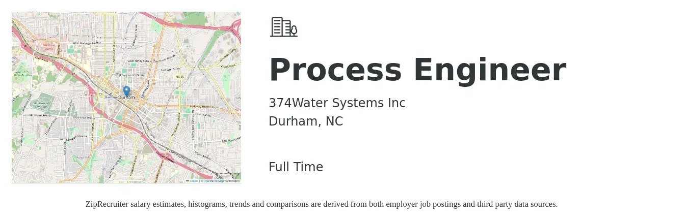 374Water Systems Inc job posting for a Process Engineer in Durham, NC with a salary of $72,000 to $99,500 Yearly with a map of Durham location.