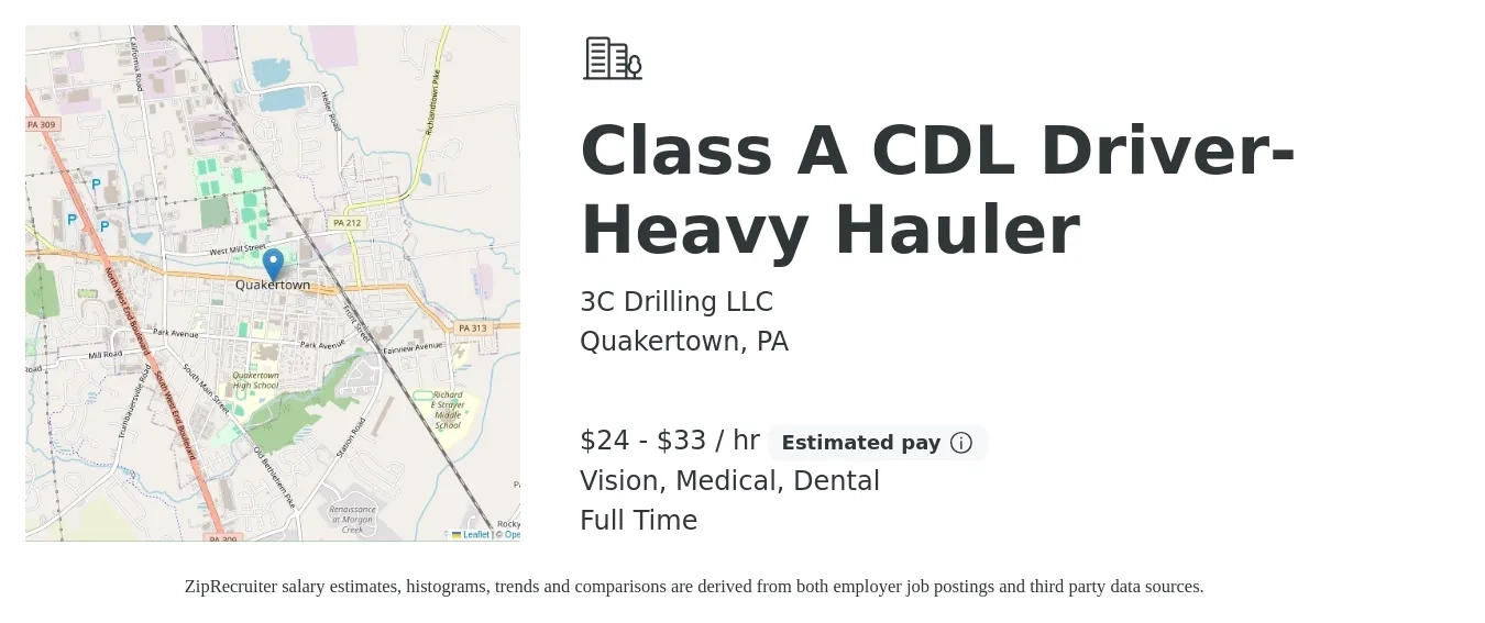 3C Drilling LLC job posting for a Class A CDL Driver- Heavy Hauler in Quakertown, PA with a salary of $25 to $35 Hourly and benefits including medical, pto, retirement, vision, and dental with a map of Quakertown location.