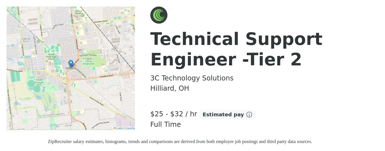 3C Technology Solutions job posting for a Technical Support Engineer -Tier 2 in Hilliard, OH with a salary of $26 to $34 Hourly with a map of Hilliard location.