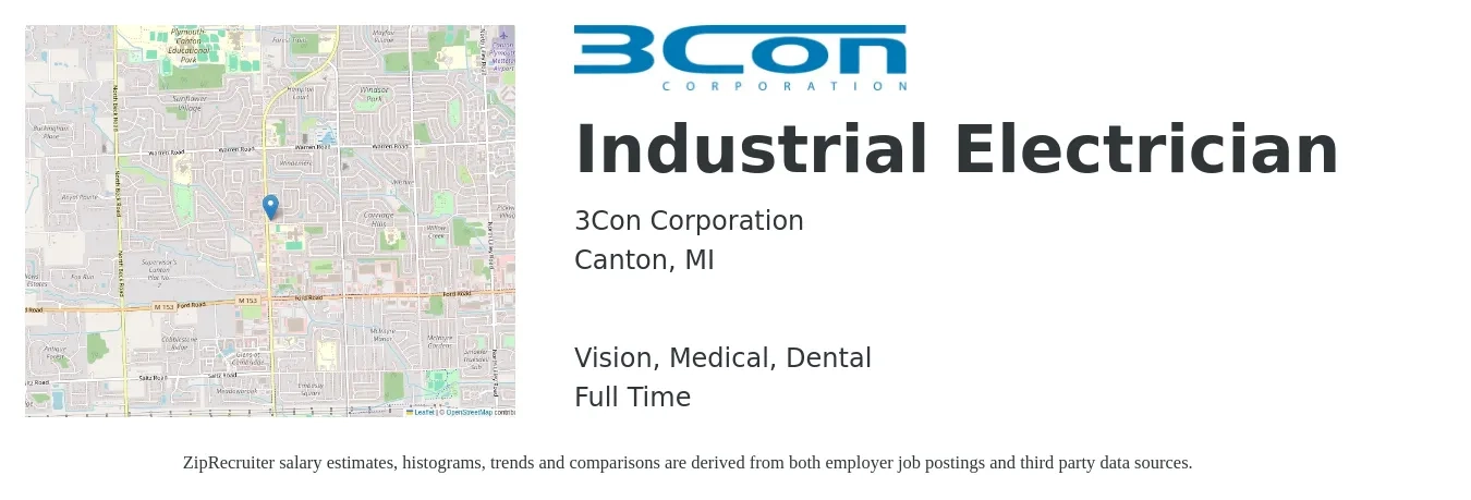 3Con Corporation job posting for a Industrial Electrician in Canton, MI with a salary of $25 to $32 Hourly and benefits including vision, dental, life_insurance, medical, and retirement with a map of Canton location.