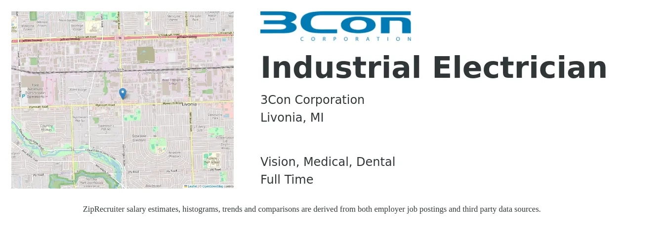 3Con Corporation job posting for a Industrial Electrician in Livonia, MI with a salary of $25 to $32 Hourly and benefits including life_insurance, medical, retirement, vision, and dental with a map of Livonia location.