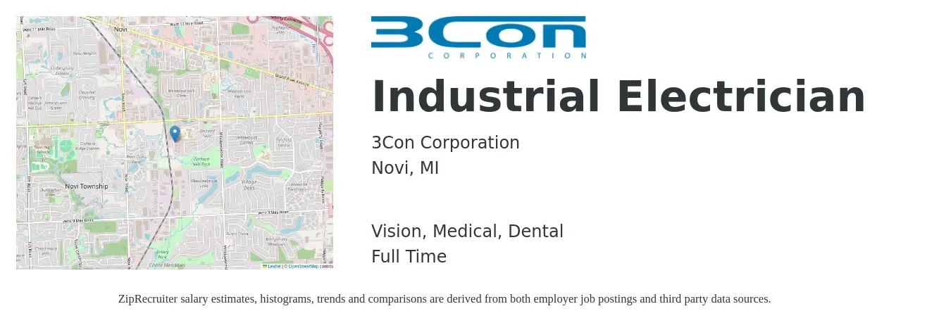 3Con Corporation job posting for a Industrial Electrician in Novi, MI with a salary of $25 to $32 Hourly and benefits including vision, dental, life_insurance, medical, and retirement with a map of Novi location.