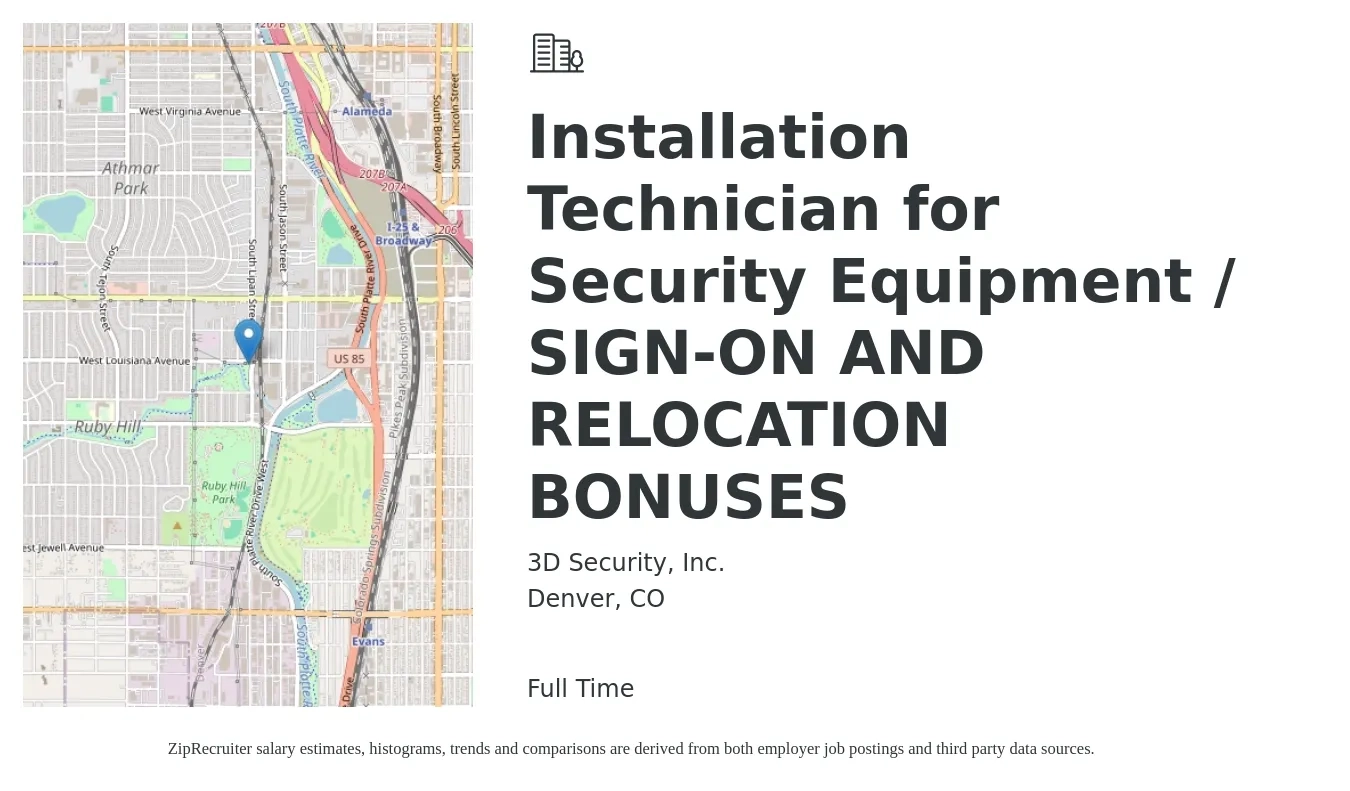3D Security, Inc. job posting for a Installation Technician for Security Equipment / SIGN-ON AND RELOCATION BONUSES in Denver, CO with a salary of $52,000 to $59,200 Yearly with a map of Denver location.