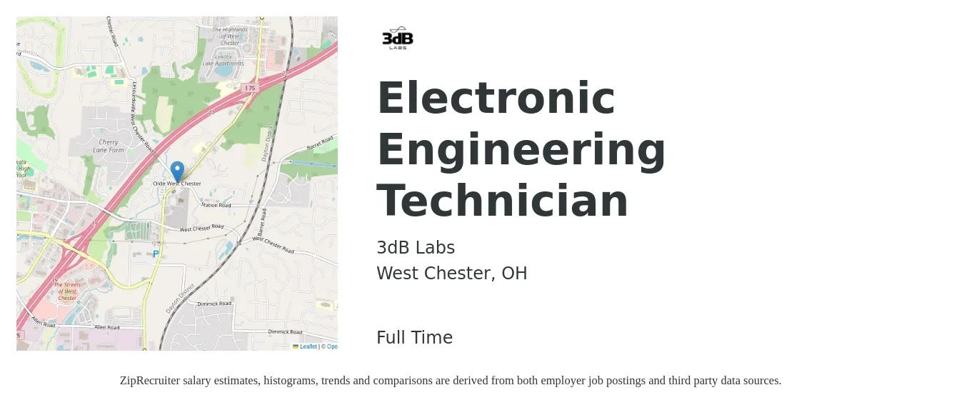 3dB Labs job posting for a Electronic Engineering Technician in West Chester, OH with a salary of $43,400 to $66,000 Yearly with a map of West Chester location.