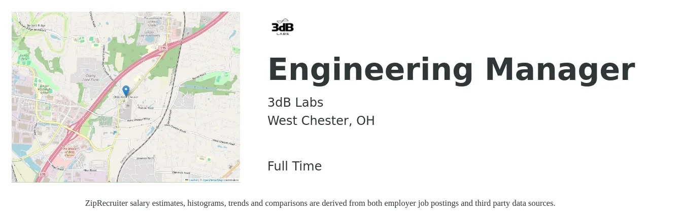 3dB Labs job posting for a Engineering Manager in West Chester, OH with a salary of $109,900 to $163,200 Yearly with a map of West Chester location.