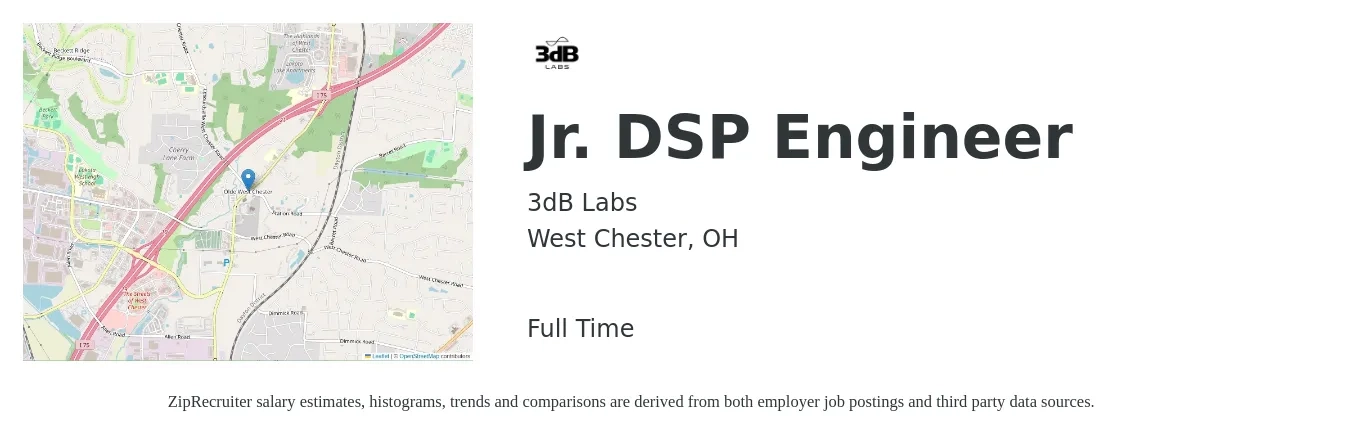 3dB Labs job posting for a Jr. DSP Engineer in West Chester, OH with a salary of $68,900 to $90,100 Yearly with a map of West Chester location.