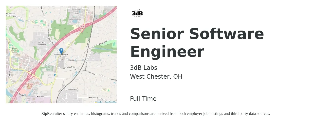 3dB Labs job posting for a Senior Software Engineer in West Chester, OH with a salary of $115,600 to $152,300 Yearly with a map of West Chester location.