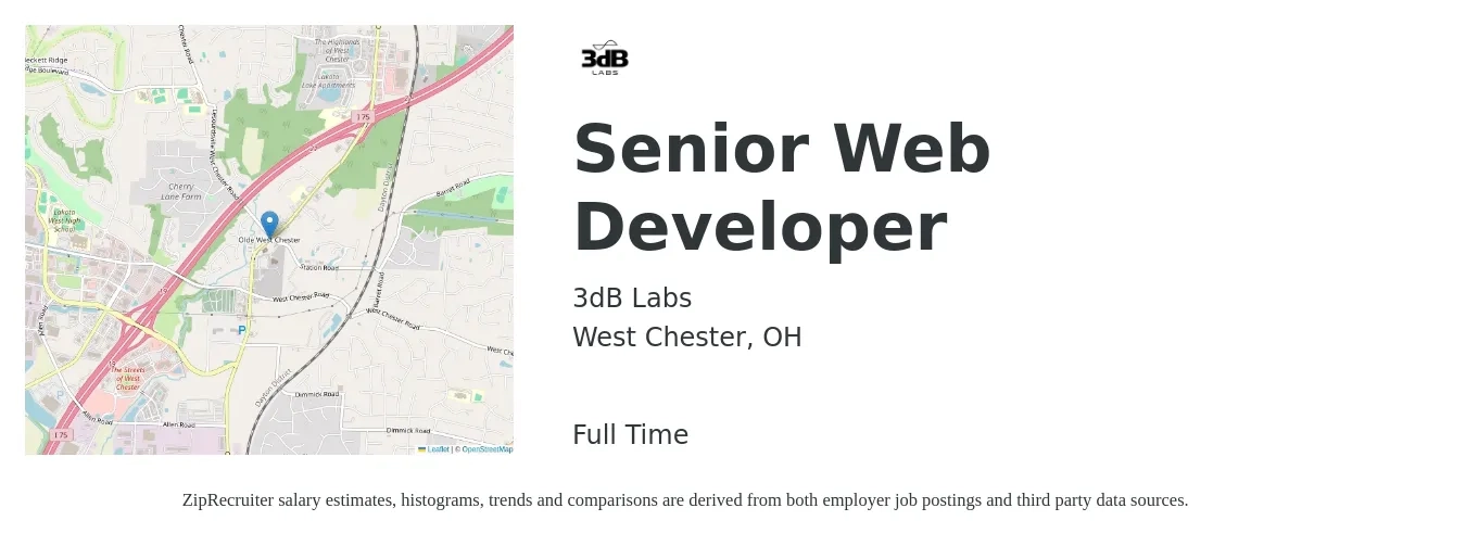3dB Labs job posting for a Senior Web Developer in West Chester, OH with a salary of $85,800 to $124,000 Yearly with a map of West Chester location.