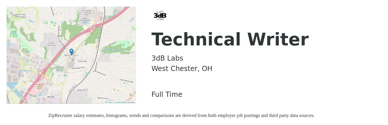 3dB Labs job posting for a Technical Writer in West Chester, OH with a salary of $28 to $46 Hourly with a map of West Chester location.