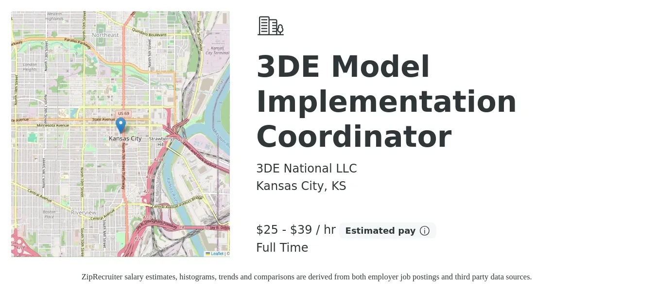 3DE National LLC job posting for a 3DE Model Implementation Coordinator in Kansas City, KS with a salary of $55,000 to $85,000 Yearly with a map of Kansas City location.