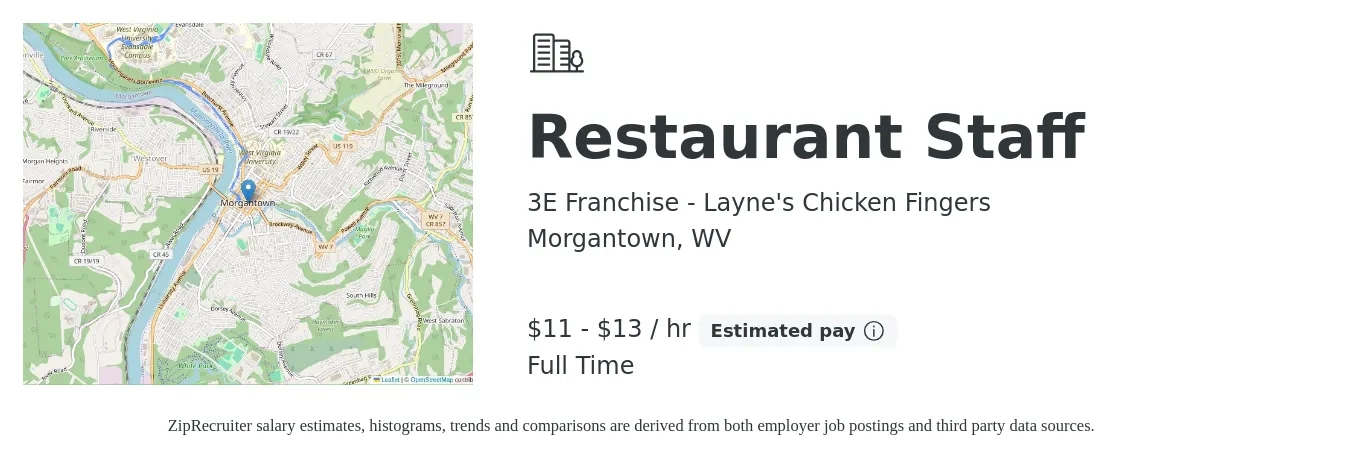 3E Franchise - Layne's Chicken Fingers job posting for a Restaurant Staff in Morgantown, WV with a salary of $12 to $14 Hourly with a map of Morgantown location.