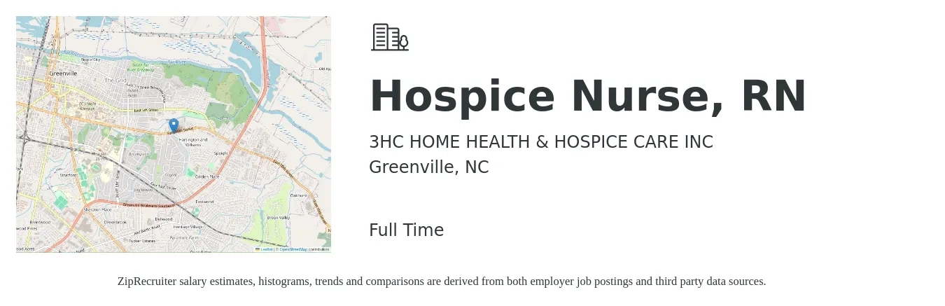 3HC HOME HEALTH & HOSPICE CARE INC job posting for a Hospice Nurse, RN in Greenville, NC with a salary of $1,490 to $2,170 Weekly with a map of Greenville location.
