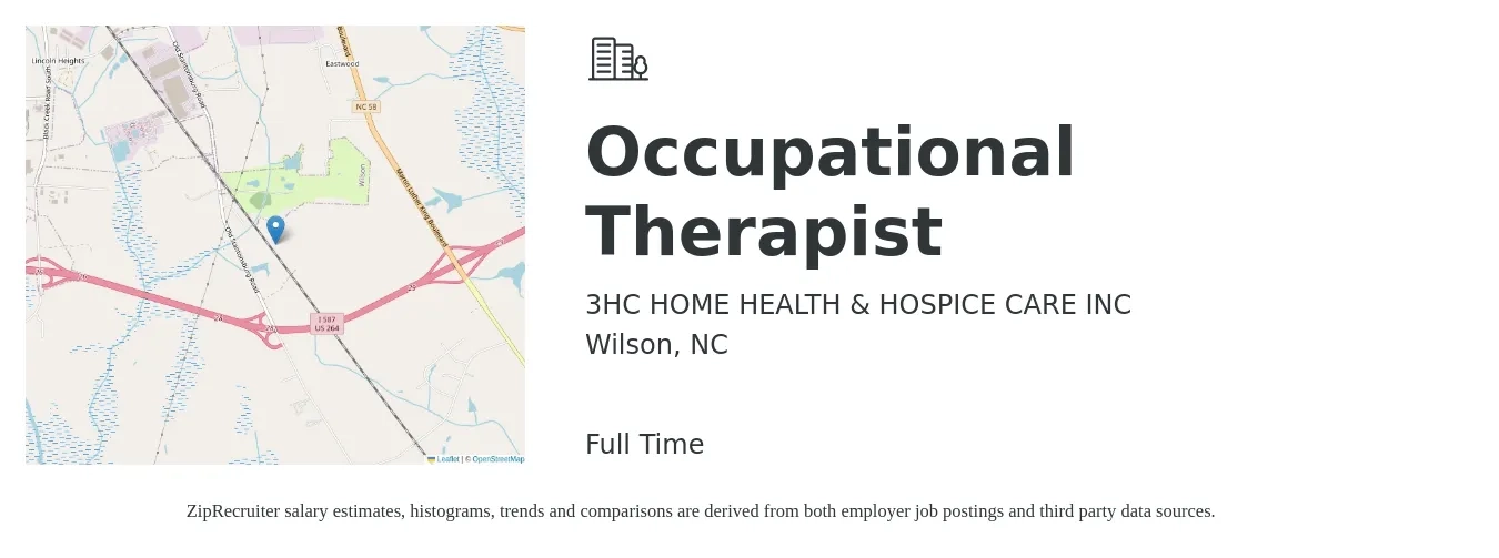 3HC HOME HEALTH & HOSPICE CARE INC job posting for a Occupational Therapist in Wilson, NC with a salary of $34 to $45 Hourly with a map of Wilson location.