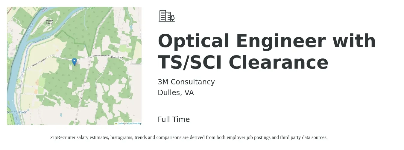 3M Consultancy job posting for a Optical Engineer with TS/SCI Clearance in Dulles, VA with a salary of $131,100 to $169,700 Yearly with a map of Dulles location.