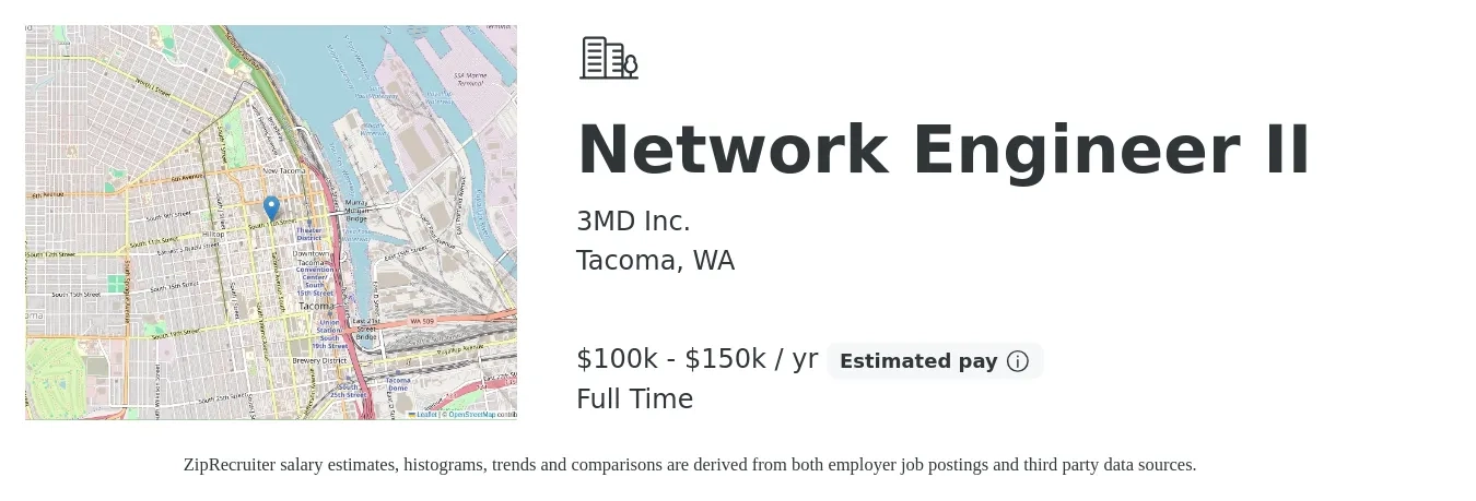 3MD Inc. job posting for a Network Engineer II in Tacoma, WA with a salary of $100,000 to $150,000 Yearly with a map of Tacoma location.
