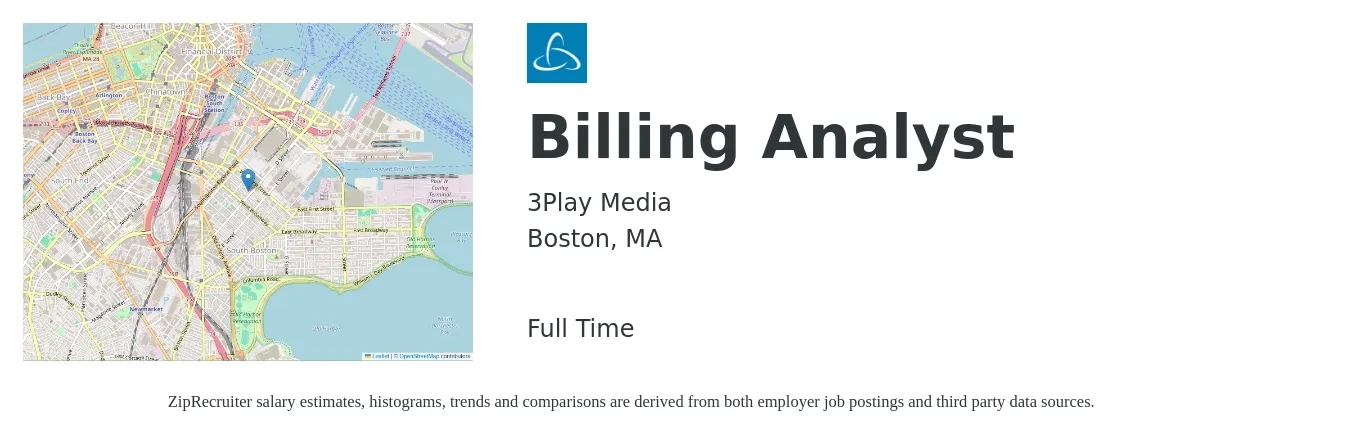 3Play Media job posting for a Billing Analyst in Boston, MA with a salary of $52,100 to $69,500 Yearly with a map of Boston location.