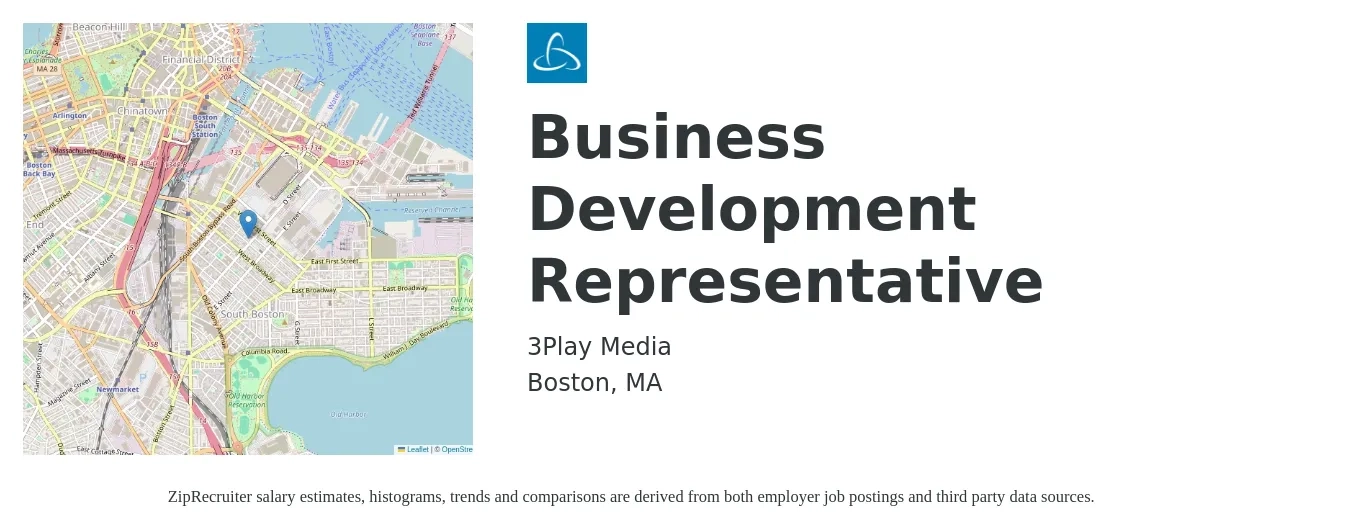 3Play Media job posting for a Business Development Representative in Boston, MA with a salary of $48,900 to $76,000 Yearly with a map of Boston location.