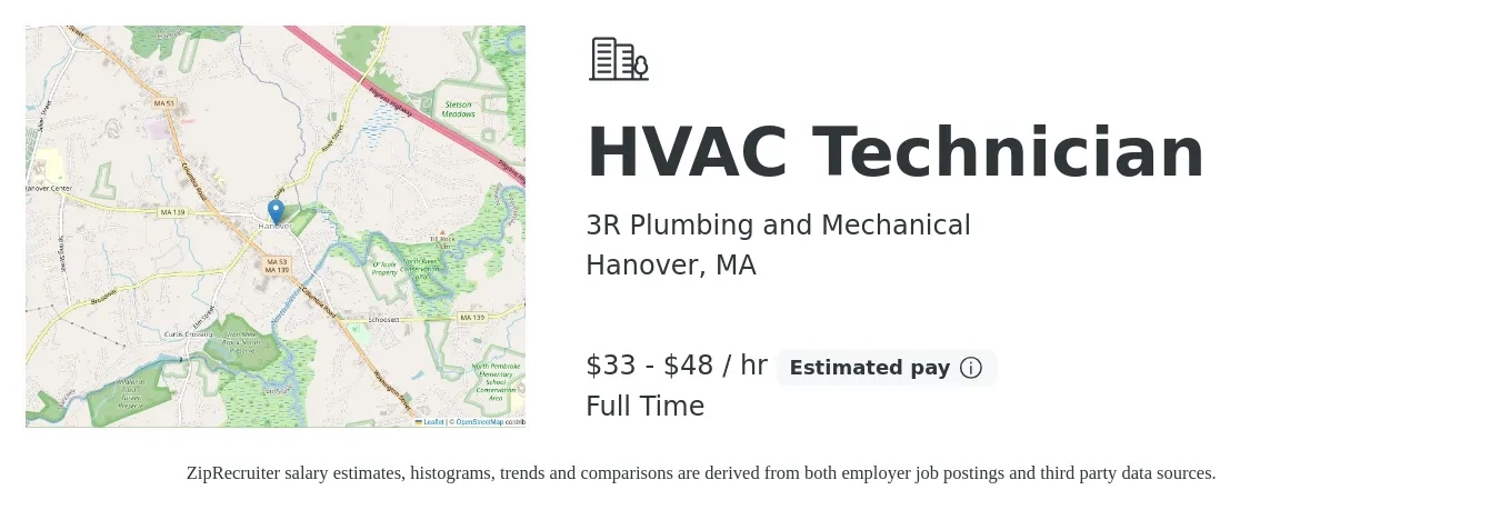 3R Plumbing and Mechanical job posting for a HVAC Technician in Hanover, MA with a salary of $25 to $45 Hourly with a map of Hanover location.