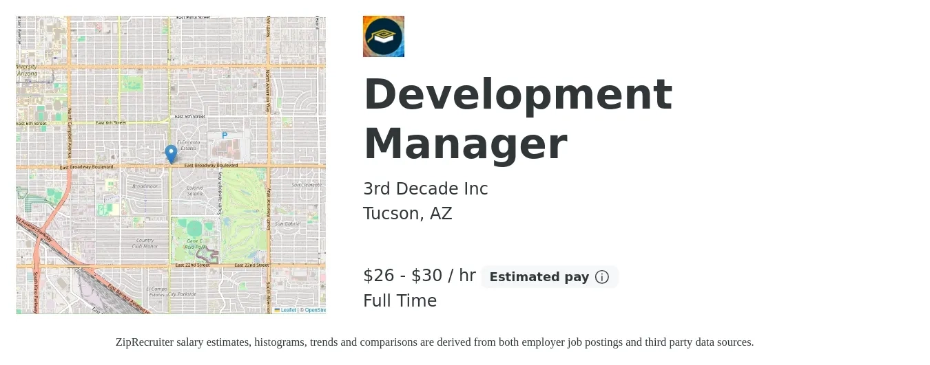 3rd Decade Inc job posting for a Development Manager in Tucson, AZ with a salary of $27 to $31 Hourly with a map of Tucson location.