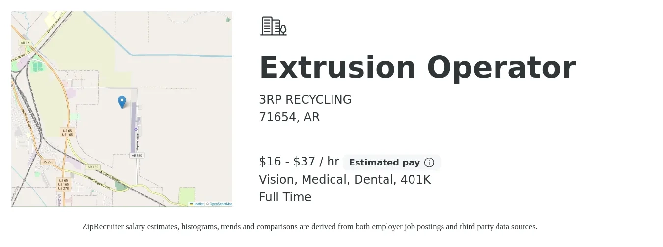 3RP RECYCLING job posting for a Extrusion Operator in 71654, AR with a salary of $17 to $39 Hourly and benefits including 401k, dental, medical, pto, and vision with a map of 71654 location.