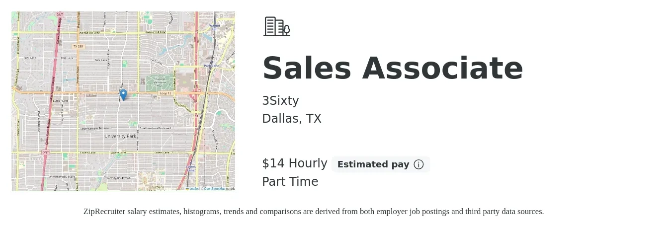 3Sixty job posting for a Sales Associate in Dallas, TX with a salary of $15 Hourly with a map of Dallas location.