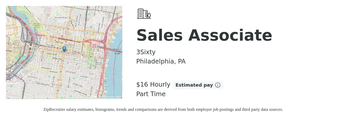 3Sixty job posting for a Sales Associate in Philadelphia, PA with a salary of $17 Hourly with a map of Philadelphia location.