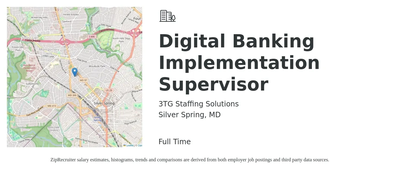 3TG Staffing Solutions job posting for a Digital Banking Implementation Supervisor in Silver Spring, MD with a salary of $78,200 to $125,300 Yearly with a map of Silver Spring location.