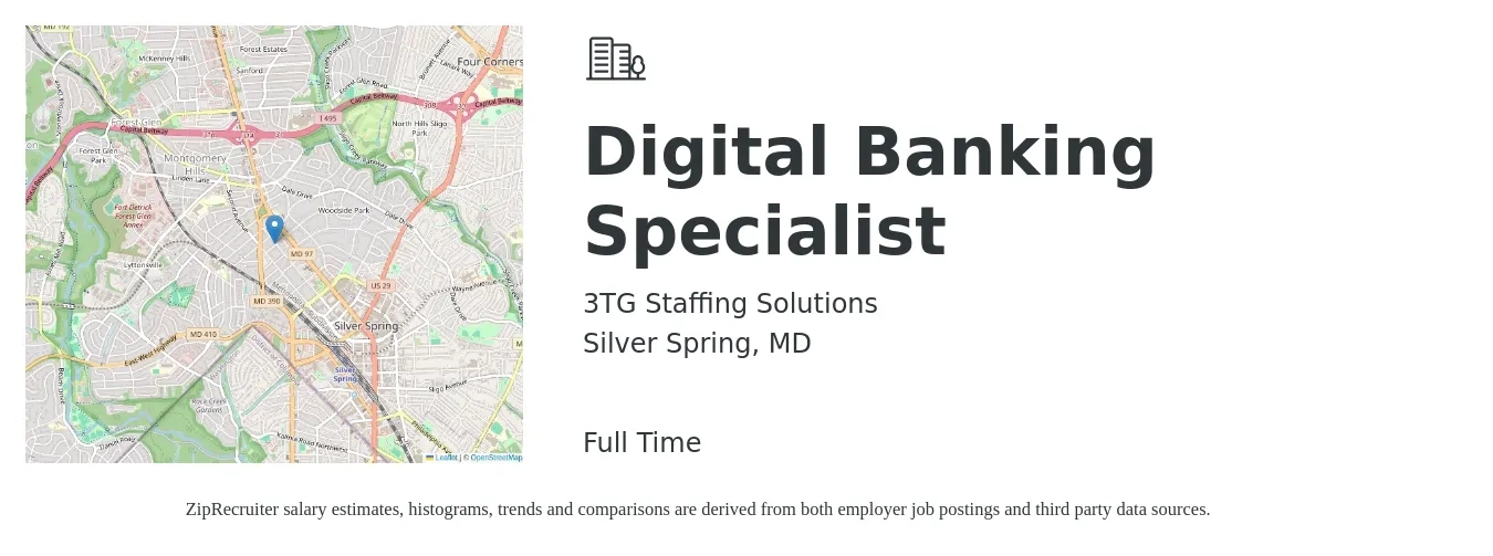 3TG Staffing Solutions job posting for a Digital Banking Specialist in Silver Spring, MD with a salary of $51,800 to $120,700 Yearly with a map of Silver Spring location.