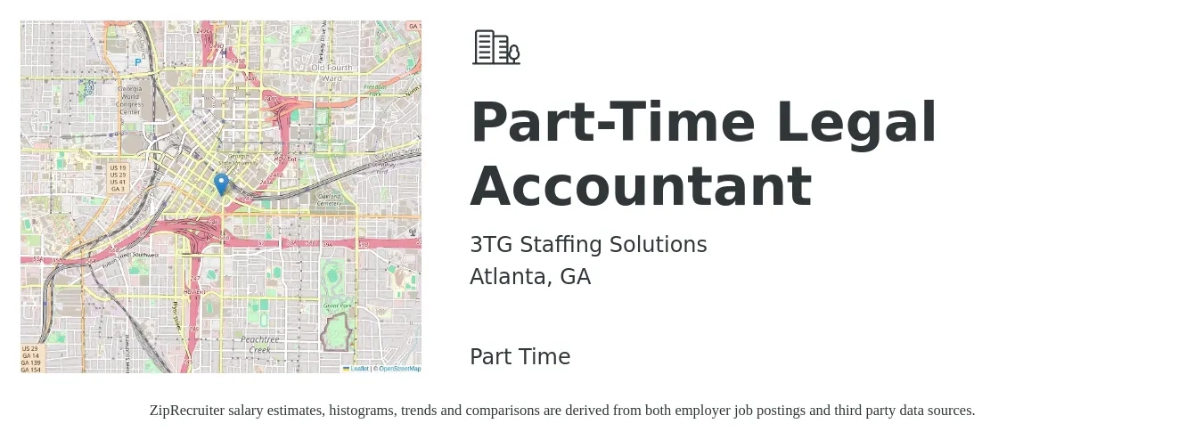 3TG Staffing Solutions job posting for a Part-Time Legal Accountant in Atlanta, GA with a salary of $38,000 to $59,300 Yearly with a map of Atlanta location.