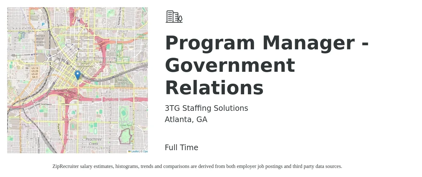 3TG Staffing Solutions job posting for a Program Manager - Government Relations in Atlanta, GA with a salary of $75,500 to $125,800 Yearly with a map of Atlanta location.