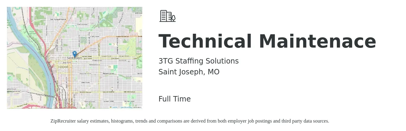 3TG Staffing Solutions job posting for a Technical Maintenace in Saint Joseph, MO with a salary of $26 to $29 Hourly with a map of Saint Joseph location.