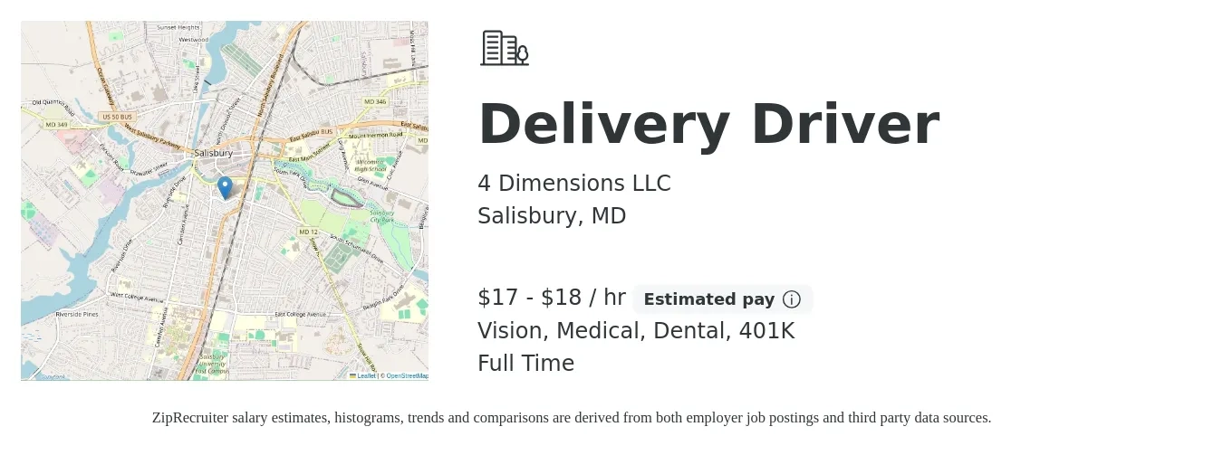 4 Dimensions LLC job posting for a Delivery Driver in Salisbury, MD with a salary of $18 to $19 Hourly and benefits including 401k, dental, medical, and vision with a map of Salisbury location.