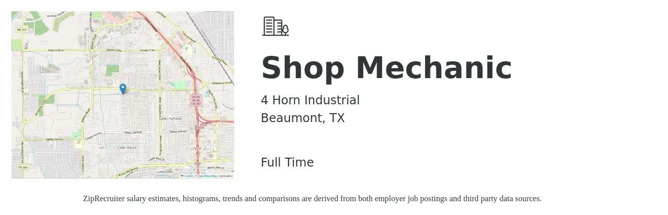4 Horn Industrial job posting for a Shop Mechanic in Beaumont, TX with a salary of $22 to $31 Hourly with a map of Beaumont location.